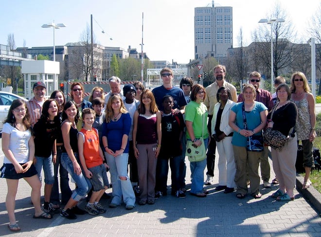 Capitol School students pose in Stuttgart, Germany, with their host families, who previously lived in Alabama.