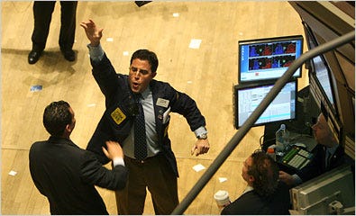 Traders celebrated at the stock exchange Wednesday. The Dow is up 6 percent for April, its best performance in a single month since December 2003. The Standard & Poor’s 500 index is up 5.3 percent this month.