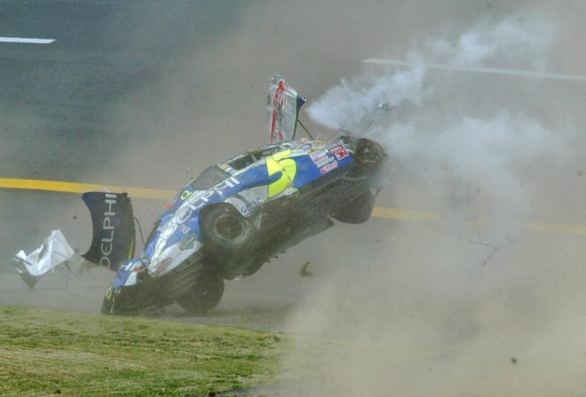 Kyle Busch went for a wild ride on the backstretch during Saturday's Busch Series race at Talladega Superspeedway.