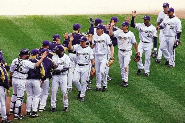 Milwaukee Brewers celebrate after beating the St. Louis Cardinals 4-0 to sweep of the series of baseball games Wednesday May 2, 2007 in Milwaukee. (AP Photo)