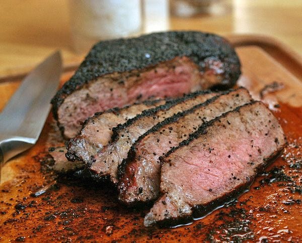 Coffee-and-Cocoa-Encrusted Sirloin uses a lean cut of beef and should not be cooked past medium to prevent it from drying out.