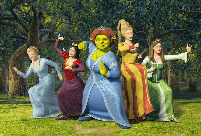 The princesses from "Shrek the Third" are, from left, Cinderella voiced by Amy Sedaris, Snow White voiced by Amy Poehler, Princess Fiona voiced by Cameron Diaz, Rapunzel voiced by Maya Rudolph and Sleeping Beauty voiced by Cheri Oteri.