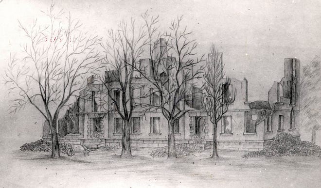 The ruins of the University of Alabama’s Jefferson Hall in 1866 as drawn by professor Eugene Smith. Archaeologists will dig in the area where the dorm stood today looking for artifacts.