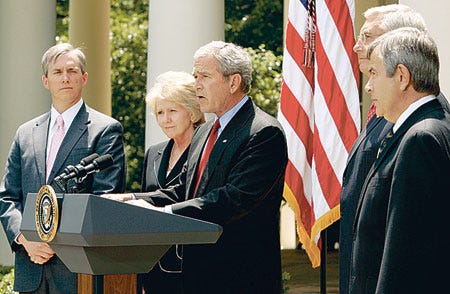 President Bush talks Monday about fuel standards in the Rose Garden at the White House flanked by, from left, Deputy Energy Secretary Clay Sell, Transportation Secretary Mary Peters, EPA Administrator Stephen Johnson and Agriculture Secretary Mike Johanns.