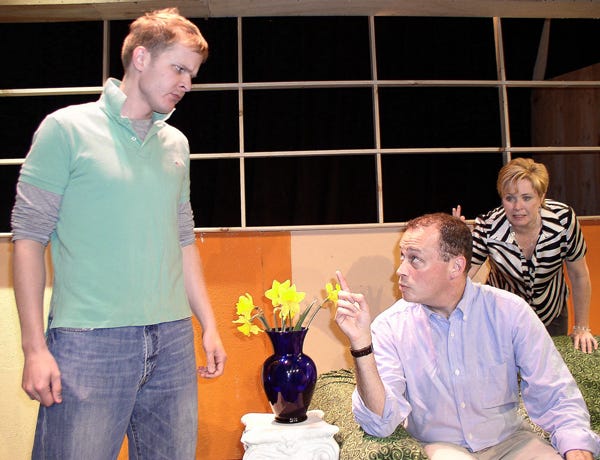 From left, Brian Carlson, Richard Sullivan and Gail Phaneuf rehearse a scene from “The Goat, or Who Is Sylvia?” The controversial Tony Award-winning play by Edward Albee has its area premiere in Provincetown.