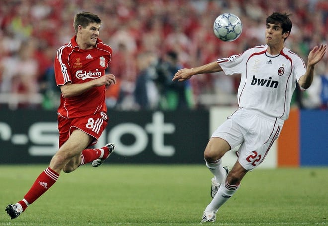 AC Milan's Kaka, right, and Steven Gerrard of Liverpool battle for position during Wednesday's Champions League final in Athens, Greece. AC Milan won the title with a 2-1 victory.