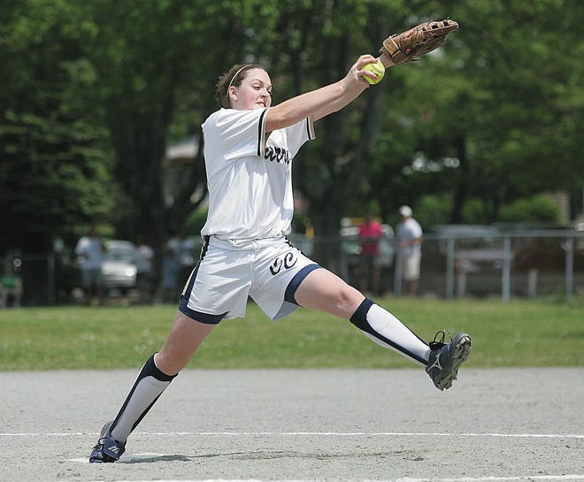 Coyle's Pitcher Courtney Mandeville unleahes a fast ball against Dighton Rehoboth.