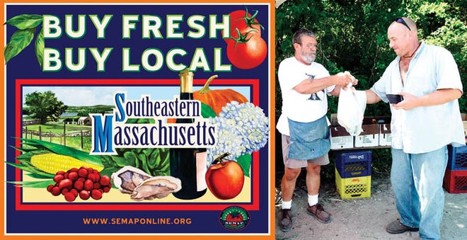 Bob Costa hands Richard Hanson his bags of fresh produce at a farmstand on Smith Neck Road in Dartmouth in the summer of 2005. Knowing the grower is only one of the benefits of buying local produce, SEMAP says.
This new logo for SEMAP's buy local project features a number of prominent SouthCoast crops and products.