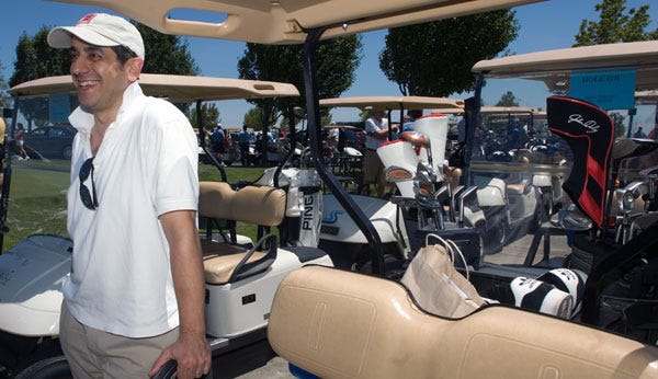 Comedian Jeff Cesario participates in the A.G. Spanos Celebrity Pro-Am golf tournament held at the Reserve at Spanos Park golf course in Stockton.
