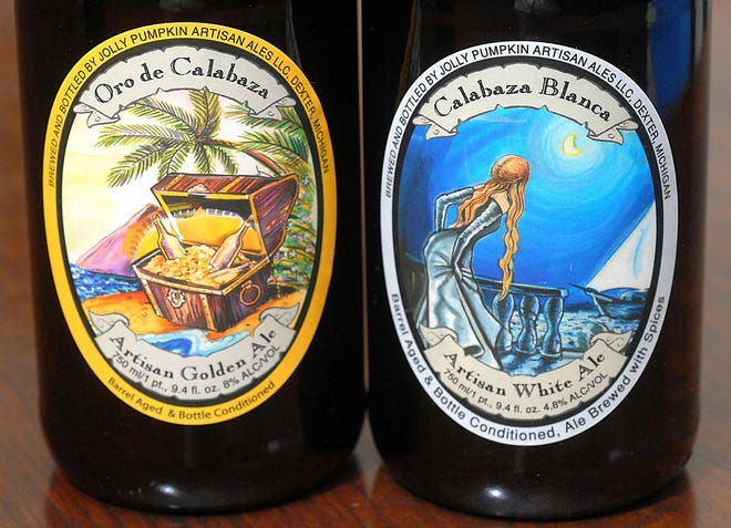 The beautiful labels from two bottles of Jolly Pumkin Artisan Ales.