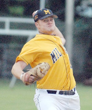 Post 59's Matt White fires a pitch during Milford's opening-night win over Auburn.