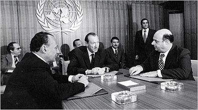 SEPTEMBER 1975 After Turkey invaded Cyprus, Secretary General Kurt Waldheim, center, tried to negotiate between the Greek Cypriot leader, Glafkos Clerides, left, and the Turkish Cypriot leader, Rauf Denktash.