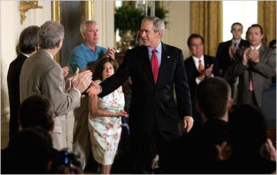 President Bush greeted supporters of his stem cell veto on Wednesday in the East Room of the White House.