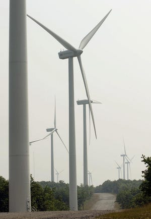 Massachusetts and Texas won federal support for their plans to build what would be among the largest wind technology centers in the world. This is a photo of a wind farm in Pennsylvania.