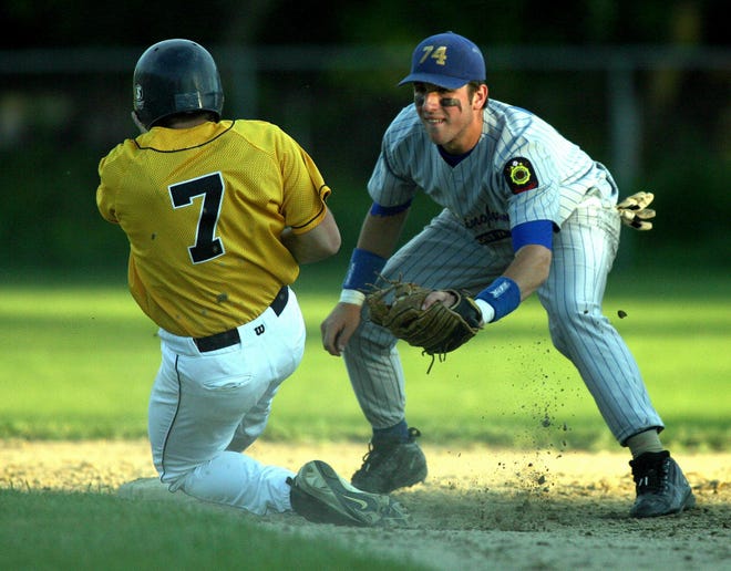Framingham's Matt Gedman waits to put the tag on Milford's Kelly Cook (7) trying to steal second base in last night's game.