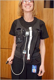 Janet Gallent, a researcher at NBC, wearing a vest that senses her physical reactions.