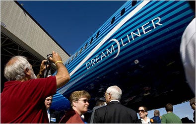 The Boeing 787 Dreamliner, a fuel-efficient jetliner, was unveiled before nearly 15,000 guests in Everett, Wash., a Seattle suburb.