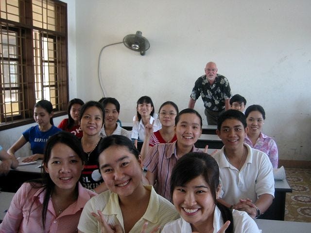 Courtesy Photo
RUSS THIBEAULT of Laconia, rear, recently took a break from his work as an economic/real estate consultant to teach English at a public university in Vietnam. The longtime Lakes Region grew up during the Vietnam War, but medical problems left him unable to enlist. He said his recent volunteer work was a way for him to make the country a part of his life.