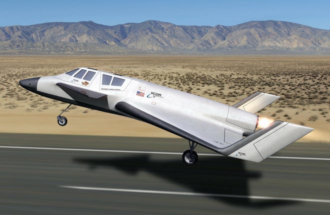 XCOR Aerospace provided this artist’s rendering of a spaceship it is building that will take off and land like an airplane. A Boston-area investment group is backing XCOR’s efforts.