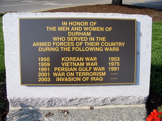 Courtesy Photo
A temporary plaque at Memorial Park in Durham has become the subject of controversy because of the use of the phrase "Invasion of Iraq".