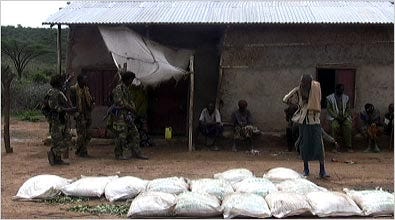 Villagers in the Ogaden recently counted sacks of grain while rebel fighters watched. The government is accused of blocking food aid to the region.