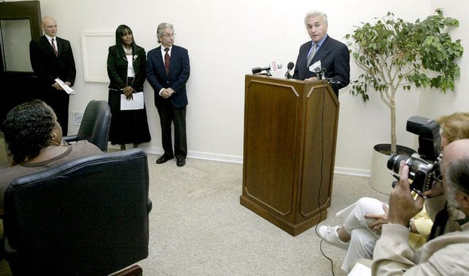Congressman Maurice Hinchey announced $320,000 in new federal funding for youth violence and gang prevention program in Newburgh at the Best Resource Center Inc. in the city on 7-23-07. Mayor Nick Valentine and Vera Best, executive director and founder of the center- listen during the press conference