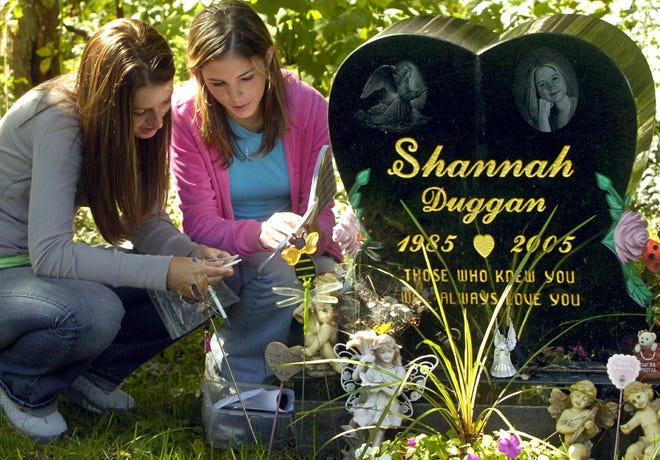Gina Cummings, left, and Sarah Milton visit the West Bridgewater gravesite of their friend Shannah Duggan on Sept. 26, 2006. Shannah died at 19 while pregnant.