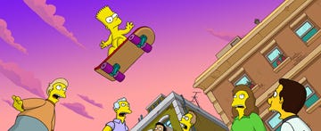 In a scene from "The Simpson's Movie," Bart Simpson flies through the air in an epic skateboarding trip.