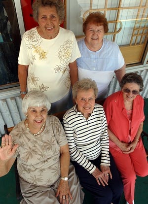 Original members of the WAVES Chapter 99 group from left to right are: Jean Raby, Marge Roche; sitting: Terry Crider, Velma Lockhart and Harriet Dalton.