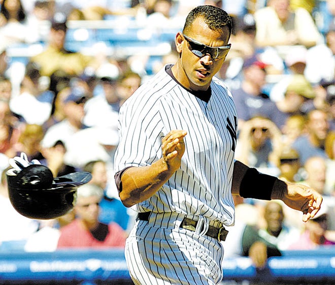 New York Yankees' Alex Rodriguez tosses his batting helmet after striking out to end the first inning during MLB baseball against the Tampa Bay Devils Rays Sunday, Sept. 2, 2007 at Yankee Stadium in New York. (AP Photo/Bill Kostroun)