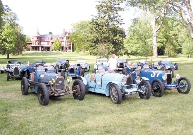This 57 SC Bugatti, which competed in the Paris to Pau race in France in 1937, was displayed with about 40 other Bugattis on the lawn of the Sonnenberg Mansion yesterday.