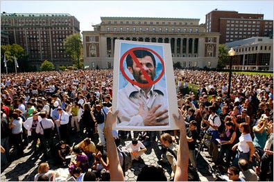 Students and protesters gathering at Columbia University, where President Mahmoud Ahmadinejad of Iran spoke yesterday.