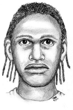 An artist’s rendering of one of the two suspects who jumped into a 19-year-old man’s car about 8 p.m. Sunday at the intersection of Underhill and Webb roads in Middletown.