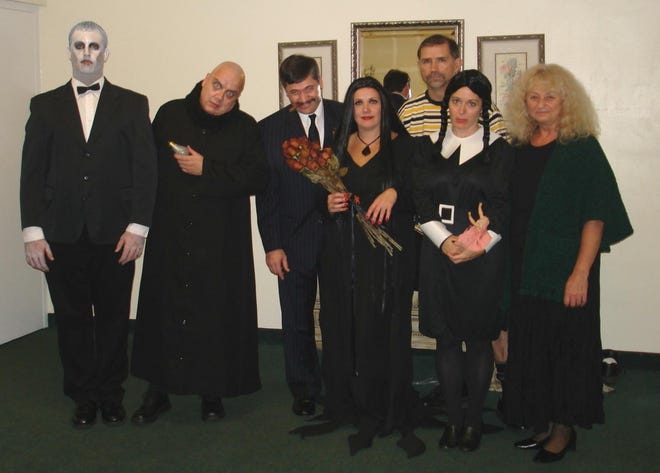 Steven Pleau and Michelle Aloma were married on Oct. 27, 2007 with an Addams Family Wedding located at Christina's in Foxboro. From left are, Sean Malo (Lurch), Martin Velilla (Uncle Fester), Pleau (Gomez), Aloma (Morticia), Ricky Gorny (Pugsley), Francis Thome (Wednesday) and Anna Malo (Grandmama). The Bride and Groom reside in Bellingham.