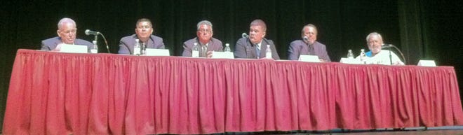 Hesperia City Council candidates Russ Blewett, James Blocker, Thurston 'Smitty' Smith, Bill Holland, Dave Holman and Dennis De Hay, speaking at a candidates forum held Thursday at Victor Valley College.