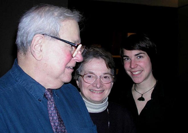 Playwright and co-founder and retired artistic director of Worcester Foothills Theatre Company Marc P. Smith, with his wife, Susan L. Smith, center, and actress Kristina Prause, who is playing the character Freya von Moltke in a production of his play “A Journey to Kreisau” being staged in Poland.