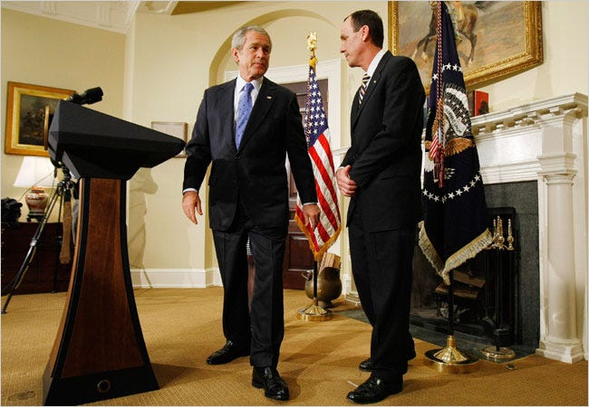 President Bush, left, at the White House Thursday with Robert A. Sturgell, the acting Federal Aviation Administration head.