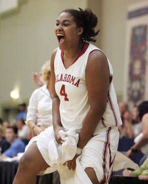 Oklahoma's Abi Olajuwon, daughter of former NBA MVP Hakeem Olajuwon, reacts in a win against Arizona State.