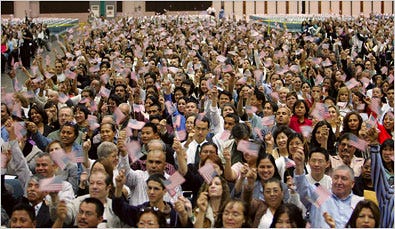 The immigration agency was flooded by requests in 2007. A citizenship ceremony was held for thousands in Los Angeles.