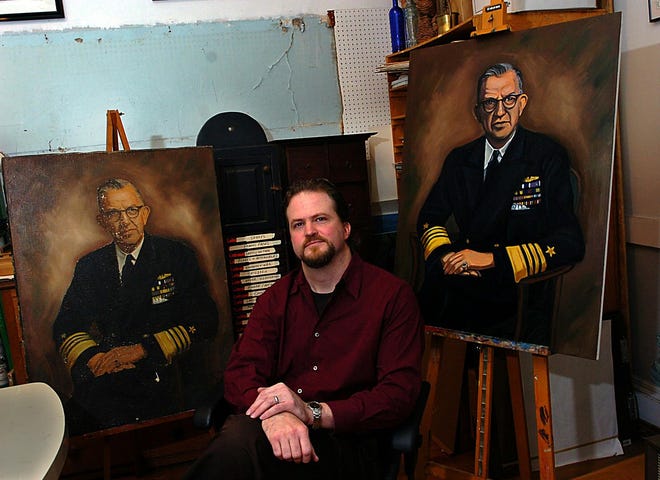 Westborough artist Ed Turner with the original painting by Richard Rembrandt of US Navy Admiral Louis Emil Denfeld (1891-1972) of Westborough, left, and his reproduction of the oil painting.  The original painting was at Westborough Town Hall.