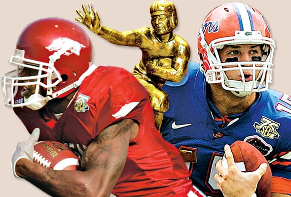 The Heisman race likely will come down to Arkansas running back Darren McFadden, left, and Florida quarterback Tim Tebow.