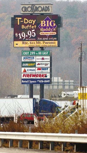 Big Daddy’s, a restaurant in Paradise Township, advertises on the Crossroads sign in Bartonsville. Though ads by off-premise businesses are prohibited, sign owner Jim Ertle says Big Daddy’s leases space at Crossroads and is thus in compliance.