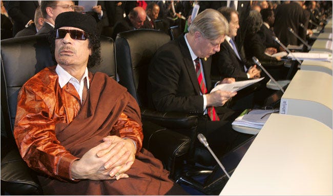 Col. Muammar el-Qaddafi of Libya was among the leaders of 80 European and African countries meeting in Lisbon Saturday.