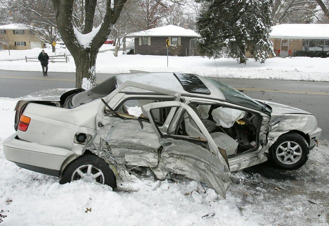 One person was killed and two injured in this car in an accident Dec. 16, 2007, on Fairview Boulevard just south of Guilford Road in Rockford. Another person was also injured in a second vehicle.