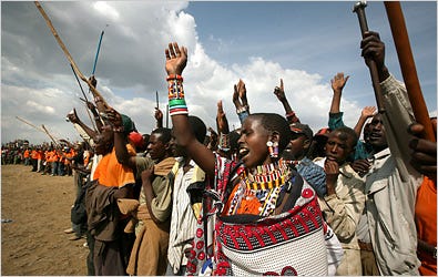 Masai supporters of the presidential candidate Raila Odinga cheering at a campaign rally in Suswa, Kenya.