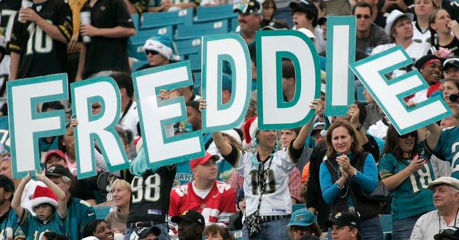 Jacksonville Jaguars fans show their appreciation for running back Fred Taylor as they display his name during a game against the Oakland Raiders, on Sunday in Jacksonville.