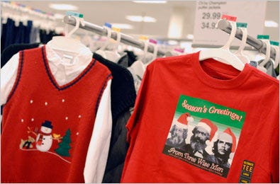 Karl Marx, the anarchist Mikhail Bakunin and Che Guevara adorn a shirt slipped onto a rack at a Target store in California.