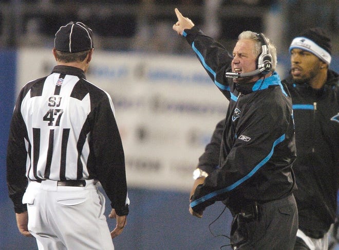 Carolina Panthers coach John Fox reacts to a call during the third quarter of the Panthers' 20-13 loss to the Dallas Cowboys on Saturday.