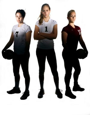 The Sun's large-school honorees are Kelsey Hodge, left, and Shelbey Bleke, center, of Buchholz. Oak Hall's Katie Robinson, right, is the small-school player of the year.