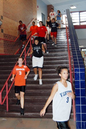 Members of Wareham High School’s girls basketball team run laps up and down the stairs of the high school due to the wintry weather. Both the girls and boys varsity basketball teams take part in the Carver Holiday Tournament today (Thursday, Dec. 27) and tomorrow at Carver High School. The girls face Dartmouth at 1 p.m. today, while the boys take the court against Carver at 7 p.m. On the other side of the girls bracket, Carver will face Middleboro at 3 p.m. On the other side of the boys bracket, Plymouth North will face Middleboro at 5 p.m. Friday, Dec. 28, the girls consolation game will take place at 1 p.m. and the championship game is at 5 p.m. The boys consolation game will take place at 3 p.m. and the championship game is at 7 p.m.
